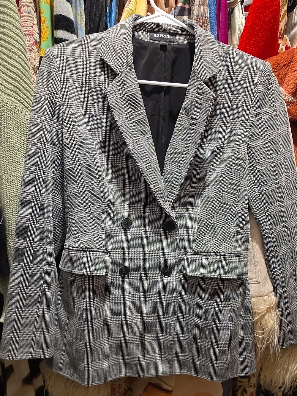 Express Black and Gray Glen Plaid Double-Breasted Blazer
